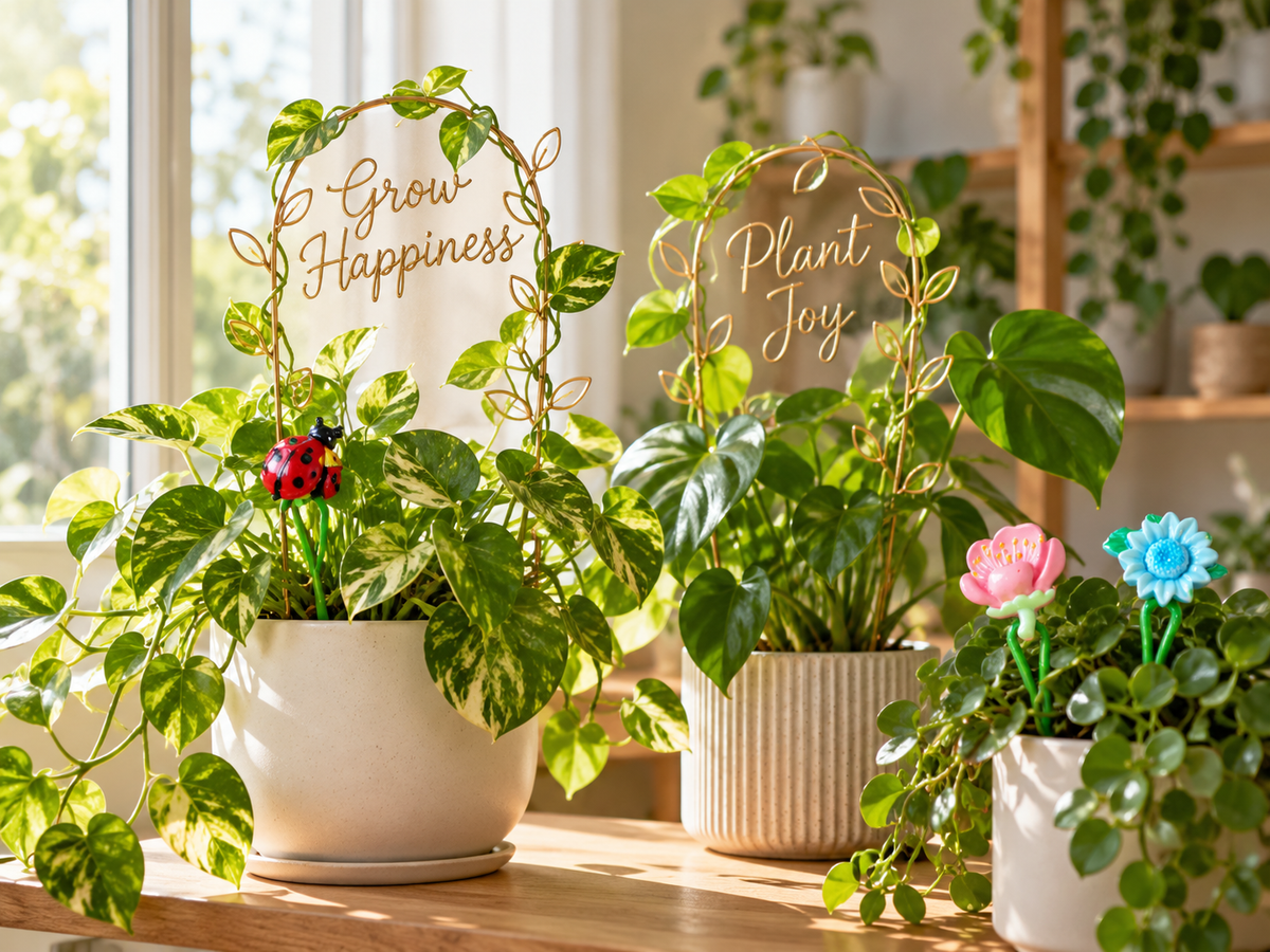 Plant accessories and decor featuring decorative wire trellises with Grow Happiness and Plant Joy lettering, a ladybird plant stake and a pink flower clip displayed among indoor plants.