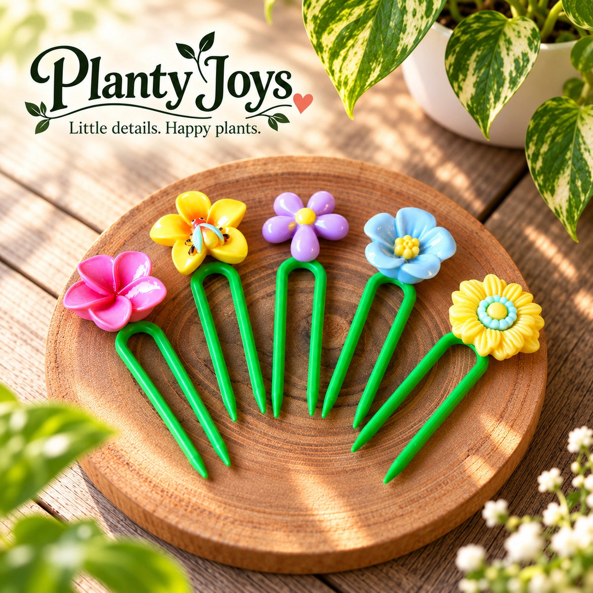 Planty Joys Flower Series set of five decorative indoor plant stem supports with colourful flower designs, displayed on a wooden tray