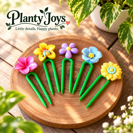 Planty Joys Flower Series set of five decorative indoor plant stem supports with colourful flower designs, displayed on a wooden tray