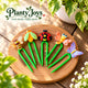Planty Joys Insect Series five-pack of colourful decorative plant stem supports featuring bee, ladybird, beetle, dragonfly and butterfly designs on a wooden tray.
